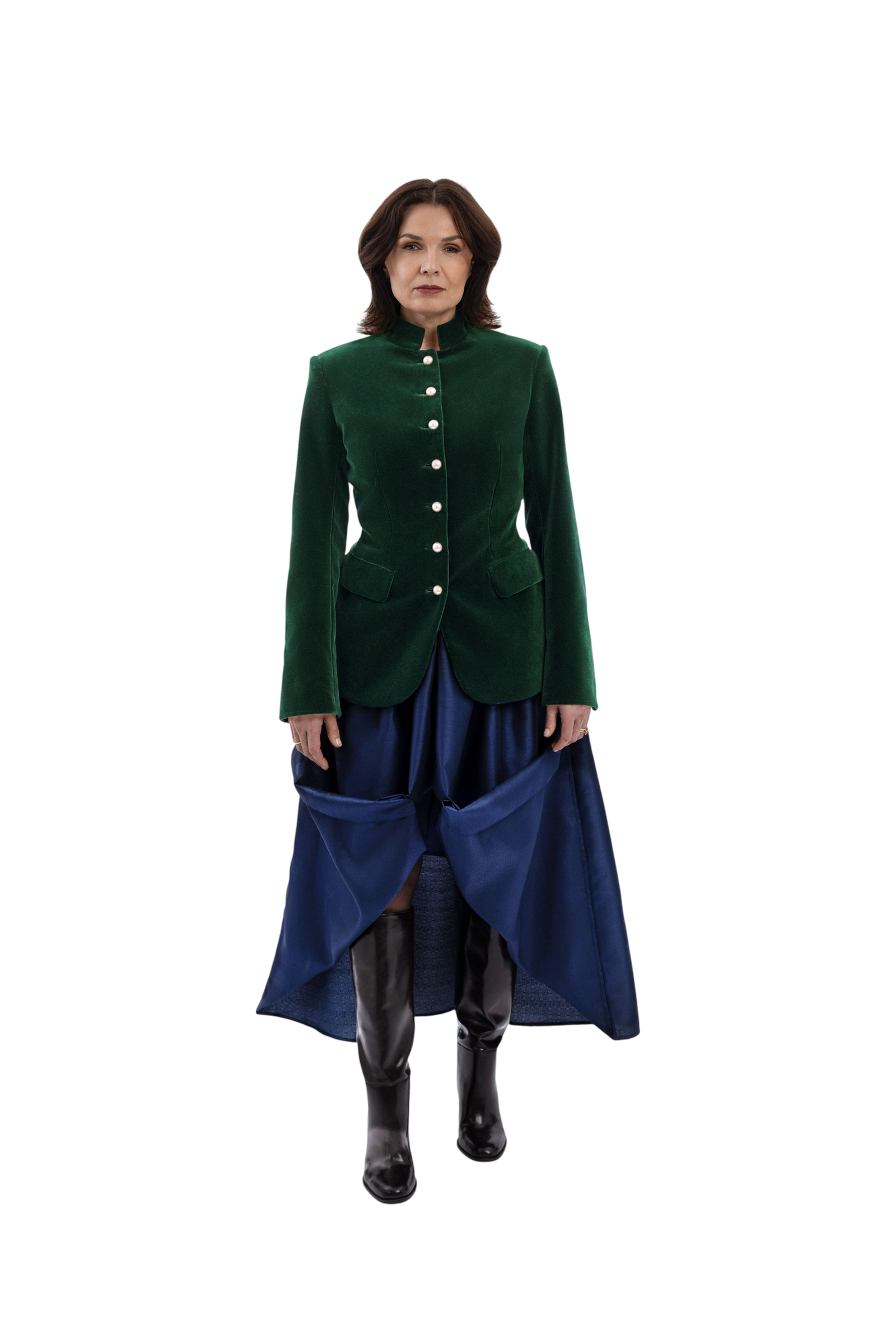 Grüner Rudkovski Atelier-Look mit blauer Drapierung